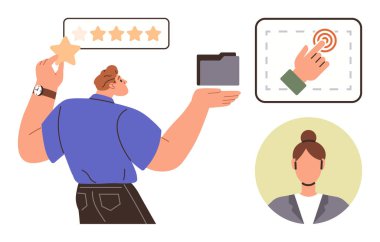 Yıldız derecelendirme seçimi, dizinle dosya yönetimi, ekrandaki dokunmatik etkileşim, profil avatarı. Geribildirim, eleştiriler, UIUX, çevrimiçi araçlar, kullanıcı bağlantısı profilleri için ideal basit düz metafor