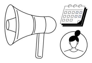 Duyurular için megafon, programlama için takvim ve insan etkileşimi için insan silueti. Takım çalışması, organizasyon, katılım, etkinlik planlaması, pazarlama, liderlik için ideal