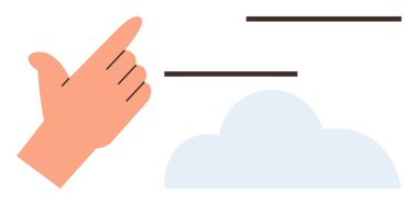 Yumuşak bir bulut ve dinamik çizgilerin yanında el hareketi, yenilik ve hafifliği işaret ediyor. İletişim, bağlantı, ağ, teknoloji, işbirliği, basitlik için ideal