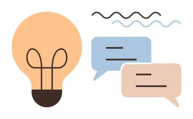 Yeniliği sembolize eden ampul, iletişimi sembolize eden iki konuşma balonu, görsel ilgi ekleyen dekoratif çizgiler. Yaratıcılık, takım çalışması, beyin fırtınası, tartışma, fikir paylaşımı için ideal