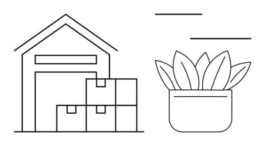 Lojistik, depolama ve sürdürülebilir büyümeyi sembolize eden bir saksı bitkisinin yanında istiflenmiş kutularla dolu depo binası. İş için ideal, e-ticaret, sürdürülebilirlik, organizasyon, çevre bilinci