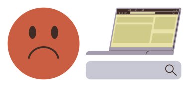 Bilgisayarın yanında kırmızı üzgün bir yüz ve arama çubuğu ile çevrimiçi bilgi bulmada hayal kırıklığı, kafa karışıklığı ya da zorluk taşıyor. Dijital problem için ideal, teknik destek, kullanıcı deneyimi, çevrimiçi