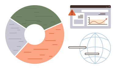 Parçalı pasta grafiği, analitik ve uyarı gösteren web sitesi arayüzü, küresel bağlantıyı temsil eden dünya. Analiz, iş, teknoloji, uyarı sistemleri, veri yönetimi ve küresel için ideal