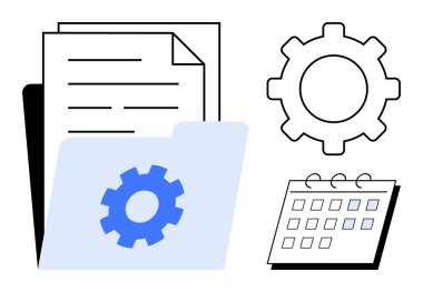 Belgeli dizin, ayarları sembolize eden vites ve planlama için bir takvim. Proje yönetimi, organizasyon, görev zamanlaması, iş akışı optimizasyonu, takım çalışması, veri depolama için ideal