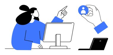 Elle kullanıcı profilini seçerken masaüstünde çalışan kişi, takım çalışmasını ve karar verme mekanizmasını vurgular. İdeal İK, ağ oluşturma, teknoloji, yenilik, işe alım, iş, işbirliği konuları