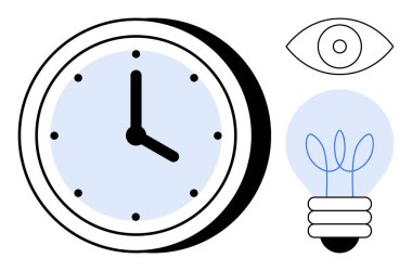 Saat yüzü, soyut göz simgesi ve zamanı, görüşü ve fikirleri temsil eden minimum ampul tasarımı. Üretkenlik, yenilik, planlama, zaman yönetimi stratejisi için ideal yaratıcılık temaları