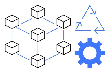 Birbirine bağlı küpler engelleme zincirini, geri dönüşümlü oklar sürdürülebilirliği ve mekanizmayı simgeliyor. Teknoloji, sürdürülebilirlik, yenilik, süreç, engelleme zinciri, verimlilik için ideal