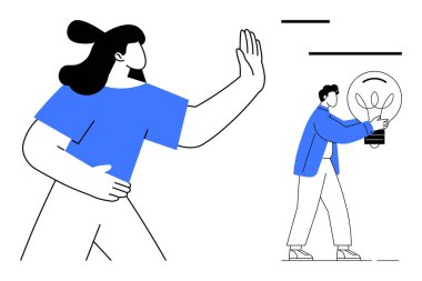 Erkek olarak reddeden bir kadın yenilik ya da öneriyi temsil eden parlak bir ampul sunar. Takım çalışması, yenilik, fikir reddi, iletişim, problem çözme, işbirliği, basit