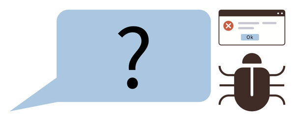 Large question mark in blue speech bubble beside a software bug icon and an error message window. Ideal for problem-solving, debugging, troubleshooting, technical issues, uncertainty, communication