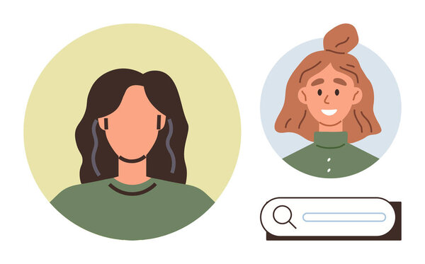 Два различных женских аватара в круговых кадрах рядом с полосой поиска. Идеально подходит для профилей пользователей, общения, сетевого взаимодействия, идентификации, HR, технологий и персонализации. Простая плоская метафора