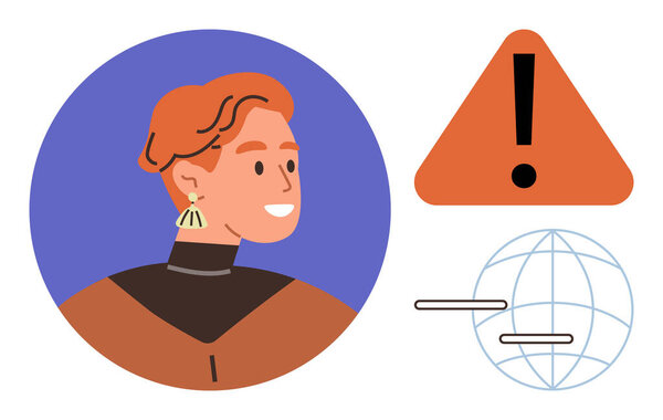 Profile of a smiling young individual near an orange warning sign and a globe with connecting lines. Ideal for communication, cybersecurity, alerts, awareness, global issues, education, simple flat