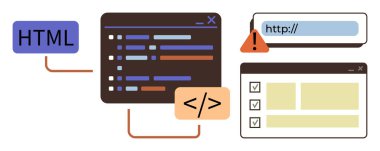 Kod satırları, HTML etiketi, URL çubuğu, uyarı işareti ve tarayıcı düzenine sahip kod düzenleyicisi. Basit düz metaforu ayıklamak için programlama, web tasarımı, geliştirme, kodlama teknolojisi hatası için ideal