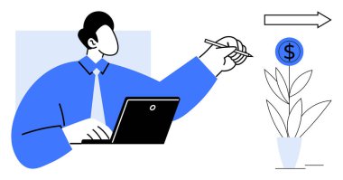 Diz üstü bilgisayarı ve kalemi olan bir kişi dolar işareti içeren büyüyen bir bitkiyi işaret ediyor. Ticari büyüme, yatırım, mali planlama, strateji, girişimcilik, ekonomi ve yenilik için idealdir. Basit.
