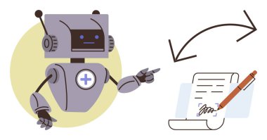 Robot bir belgeye kalem ve döner oklarla işaret ederek otomasyonu, yapay zekayı ve dijital çalışma akışını sembolize ediyor. Takım çalışması, teknoloji, yapay zeka, otomasyon, verimlilik yeniliği dijital için ideal