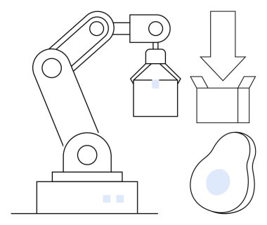 Kutu ve ürün elementleriyle robot kol işleme süreci. Otomasyon, üretim, lojistik, teknoloji, tedarik zinciri, yenilik ve verimlilik için ideal. Basit düz metafor