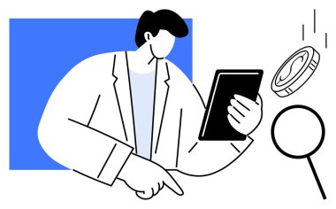 Resmi giysiler içinde elinde tablet, bozuk para ve büyüteç tutan biri. Finans, analiz, teknoloji, karar verme, problem çözme, strateji profesyonel hizmetler için idealdir. Basit düz