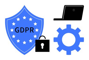 Yıldızlı mavi GDPR kalkanı, siyah kilit, dizüstü bilgisayar, güvenliği temsil eden ekipman, uyum, teknoloji, mahremiyet. Veri koruması, idari analitik bilişim güvenlik çevrimiçi düzenleme temaları için ideal