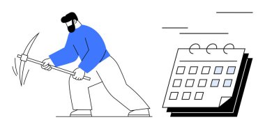 Takvimin yanında kazmayla saldıran adam, dikkat çekme çabası, azim ve zaman yönetimi. Üretkenlik, teslim tarihleri, takım çalışması, çok çalışma hedefleme başarısı için idealdir. Basit.