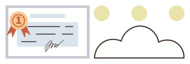 Kurdeleli çerçeveli sertifika, üç yüzen nokta ve bulut çizgisi. Eğitim, profesyonel büyüme, yenilik, dijital dönüşüm, bulut hizmetleri, tanıma sistemleri için idealdir.