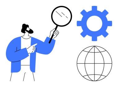 Vites ve küreye yakın bir yerde büyüteç tutan kişi yenilikleri, problem çözmeyi, küresel araştırmaları keşfediyor. Analiz, veri, verimlilik, teknoloji, küreselleşme işbirliği için idealdir.