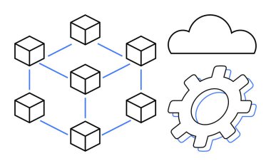 Bulut ve dişlilere bağlı bağlı küplerden oluşan bir ağ, blok zinciri, bulut hesaplaması, yenilik ve bağlantıyı sembolize ediyor. Teknoloji, ademi merkeziyet, otomasyon, sistem planlaması için ideal