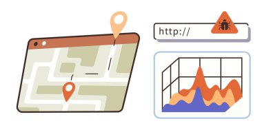 Konum pimleri ile biçimlendirilmiş harita, hata simgesi ile URL güvenlik uyarısı, ve veri eğilimleri ile çizelge. Siber güvenlik, navigasyon, analitik, veri güvenliği, teknoloji, internet güvenliği için ideal basit bir daire