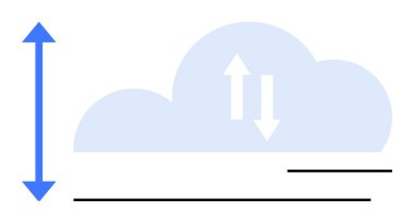 Yukarı ve aşağı oklarla bulut veri alışverişini sembolize eder. Mavi ok dikey ölçekleme gösteriyor. Teknoloji, bulut hesaplama, veri depolama, ölçeklenebilirlik, bilişim çözümleri, yenilik, basit