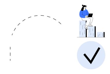 Dizüstü bilgisayarda çalışan kadın büyümeyi simgeleyen bir çubuk grafiğinin üzerinde oturuyor. Yörüngeyi sembolize eden bir çizgi, başarı için büyük bir işaret. Hedef başarı, planlama, kariyer ilerlemesi ve eğitim için ideal