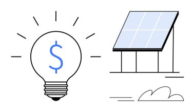 Dolar işaretli ampul ışık kıvılcımları saçıyor ve güneş paneli küçük bulutların yanında enerji üretiyor. Yenilenebilir enerji, sürdürülebilirlik, maliyet tasarrufu, yenilik, ekolojik bilinçli yaşam için ideal