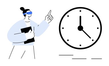 VR gözlük takan kişi büyük bir saate doğru hareket ederken bir defter tutuyor. Teknoloji, zaman yönetimi, çoklu görev, verimlilik, programlama, yenilik, teslim tarihleri için idealdir. Basit düz