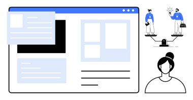Web sayfası tasarımı, fikir ve becerileri temsil eden insanlarla dengeli ölçek, kullanıcı profili simgesi. Takım çalışması, işbirliği, dijital projeler, yenilik, eşitlik, basit denge