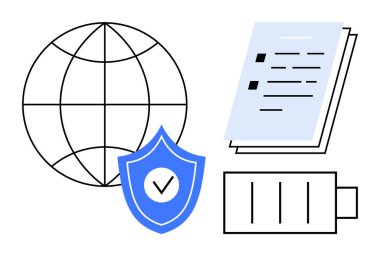 Veri güvenliği için kalkanı olan dünya, dijital bilgiyi temsil eden belgeler, enerjiyi sembolize eden pil. Teknoloji için ideal, siber güvenlik, sürdürülebilirlik, dijital yönetim, uzaktan çalışma, çevrimiçi