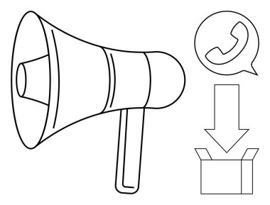 Megafon, telefon işaretli konuşma balonu, aşağı ok ve kutu. İletişim, mesajlaşma, pazarlama, bilgilendirme teslimatları ve kampanyalar için ideal. Basit düz metafor