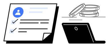 Kullanıcı profili, açık bir dizüstü bilgisayarın yanında tamamlanmış kontrol listesi ve istiflenmiş paralar. Üretkenlik, finans, dijital kimlik, görev tamamlama, uzaktan çalışma, çevrimiçi iş, basit düz metafor