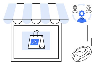 Vitrindeki çevre dostu çanta, geri dönüşüm işaretli bozuk para ve dairesel ekonomi akış şeması. Sürdürülebilirlik, alışveriş, e-ticaret, geri dönüşüm, yeşil iş, çevre bilinci için ideal basit