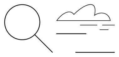 Bulut ve yatay çizgilerin yanındaki büyüteç keşif, bilgi ve hızı simgeliyor. Teknoloji, veri analizi, bulut depolama, araştırma, verimlilik arama araştırması için ideal