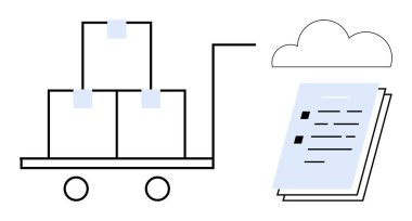 Bir bulut simgesine bağlı kutular ve dijital belgelerle dolu bir depo vagonu. Lojistik, tedarik zinciri, envanter yönetimi, e-ticaret, bulut depolama, belge yönetimi için ideal