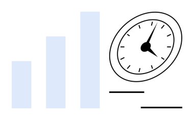 Eğimli hız göstergesinin yanındaki çubuk grafik zaman yönetimi, verimlilik, ilerleme ve verimliliği gösteriyor. İş, strateji, iş akışı, veri, KPI performansı için ideal basit düz metafor
