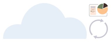 Pasta grafiği, doküman ve dairesel oklu bulut grafiği. Veri yönetimi, analitik, bulut depolama, iş stratejisi, otomasyon dijital dönüşümü ve takım çalışması için ideal. Basit düz