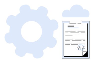 Gear, imzalı belge, ve bulut renklendirme teknolojisi, dijital süreçler ve anlaşmalar. Takım çalışması, yenilik, yönetim, bulut sistemlerine uyum, iş akışı için ideal