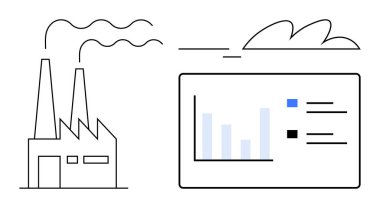 Analitik gösterge panelinin yanında duman yayan bacaları olan bir fabrika. Verileri minimum dizaynda gösteriyor. Endüstri, üretim, analitik, verimlilik, sürdürülebilirlik, performans ve planlama için ideal. Basit.