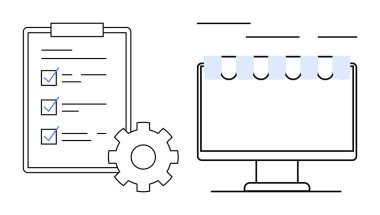 Ayarlar teçhizatı ve sekmeleri gösteren masaüstü monitörünün yanında tamamlanmış görevleri olan pano panosu. Çalışma akışı, üretkenlik, organizasyon, planlama, dijital araçlar, teknoloji, basit daire