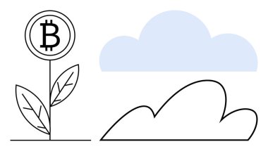 Mavi bulutun yanında filizlenen Bitcoin işareti, kripto para birimi büyümesini, sürdürülebilirliği ve yeniliği simgeliyor. Finans, engelleme zinciri, teknoloji, yatırım, tasarruf ekolojik dostu