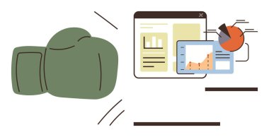 Yeşil boks eldiveni veriye grafiklerle çarpıyor, pasta grafiği verimliliği ve büyümeyi görselleştiriyor. İş rekabeti için ideal, analitik, strateji, yenilik, meydan okuma, basit düz etki