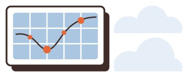 Yukarı doğru eğilimli çizgi grafiği, turuncu veri noktaları, ekranda ızgara düzeni. Bulutlar uzak teknolojiyi öneriyor. Veri analizi, iş büyümesi, bulut hesaplaması, analitik ve tahmin stratejisi için ideal