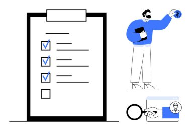 İşaretli kutuları olan büyük bir liste, elinde para simgesi ve panosu olan bir adam, kullanıcı profilli büyüteç. Görev organizasyonu, değerlendirme, üretkenlik, planlama, yönetim, analiz için ideal