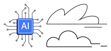 Dijital yapay zeka çipi, minimalist bulut şekillerinin yanındaki devre çizgileriyle bağlanır. Teknoloji, yenilik, yapay zeka, bilgisayar, bulut hesaplama, otomasyon, basit bir düz metaforda modernizasyon için ideal.
