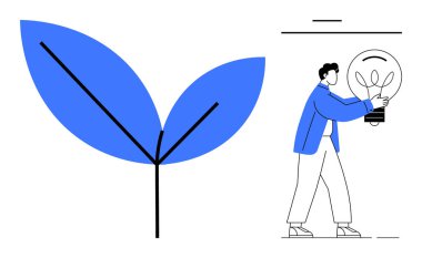 İçinde bitki filizi olan ampul taşıyan bir adam. Yakınlarda büyük, soyut mavi bir yaprak. Sürdürülebilirlik, büyüme, ekoloji, yenilik, yeşil enerji, doğa çevre bilinci için idealdir. Basit.