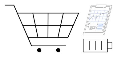 Alışveriş arabası, büyüme analizli pano ve e-ticaret, istatistik, enerji verimliliği, perakende stratejileri, kaynak tahsisi, iş başarısı, sürdürülebilir hedefler