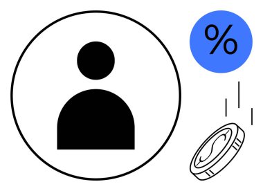Dairesel çerçevedeki kullanıcı simgesi, mavi yüzde işareti ve bozuk para düşüşü. Finans, indirimler, tasarruflar, kullanıcı hesapları, pazarlama yatırımları ve ekonomik kavramlar için ideal. Basit düz metafor